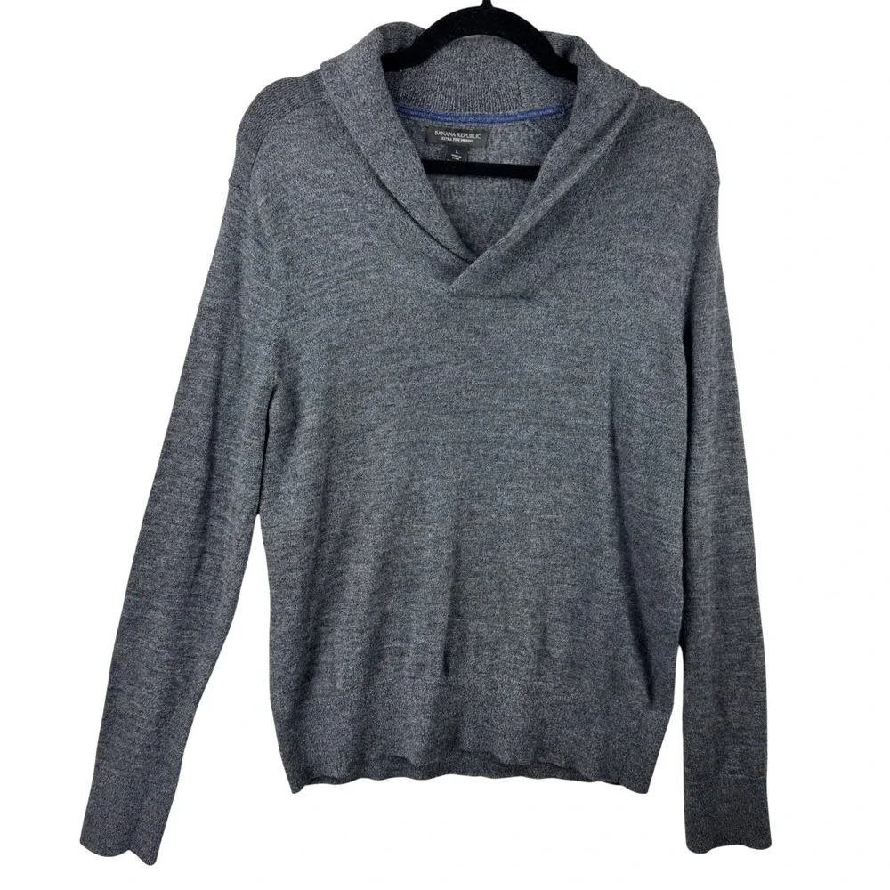Banana Republic Sweater Mens Large Gray Extra Fine Merino Wool Shawl Collar Knit